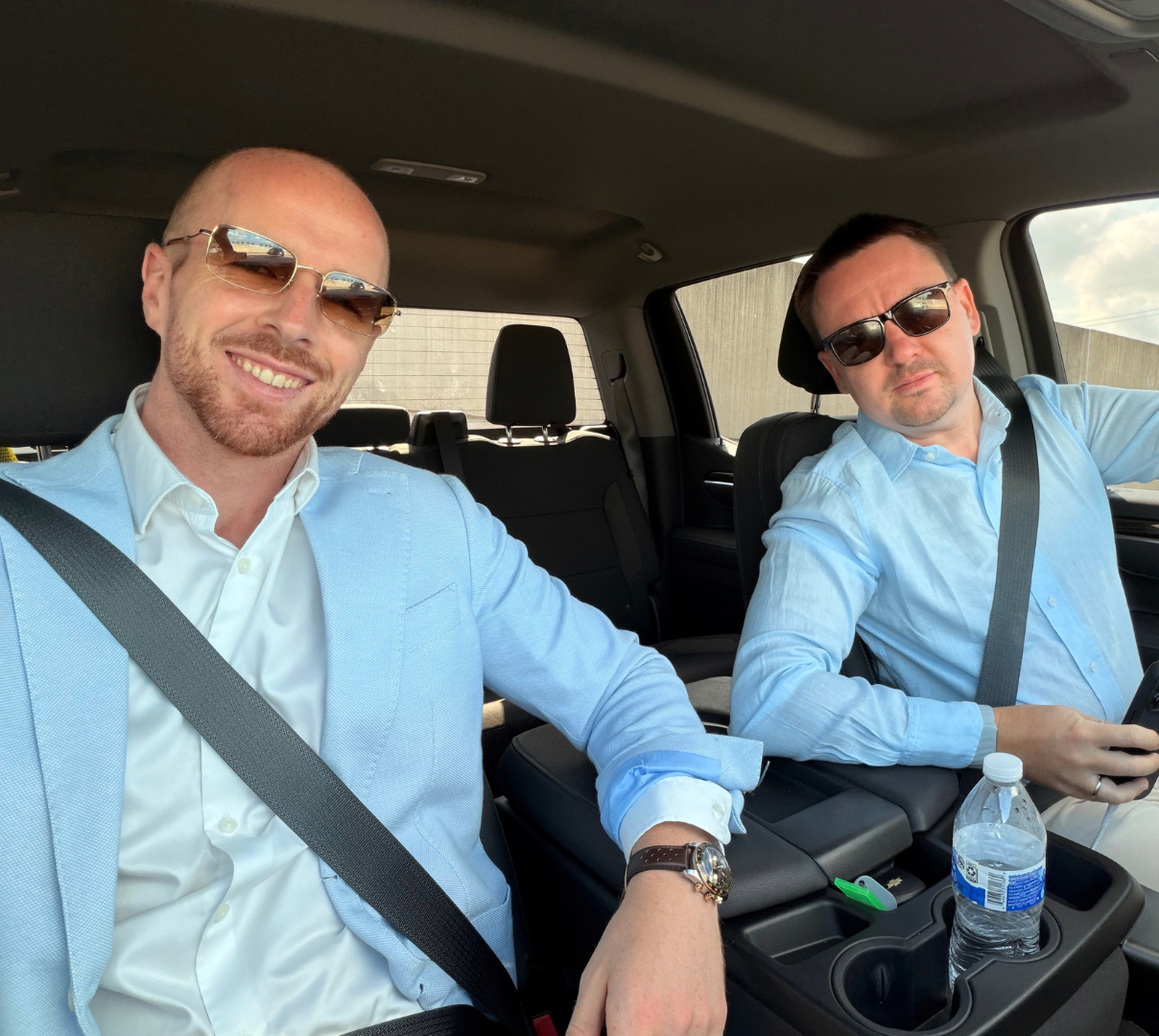 Victor and Thomas in the car on the way to a customer visit