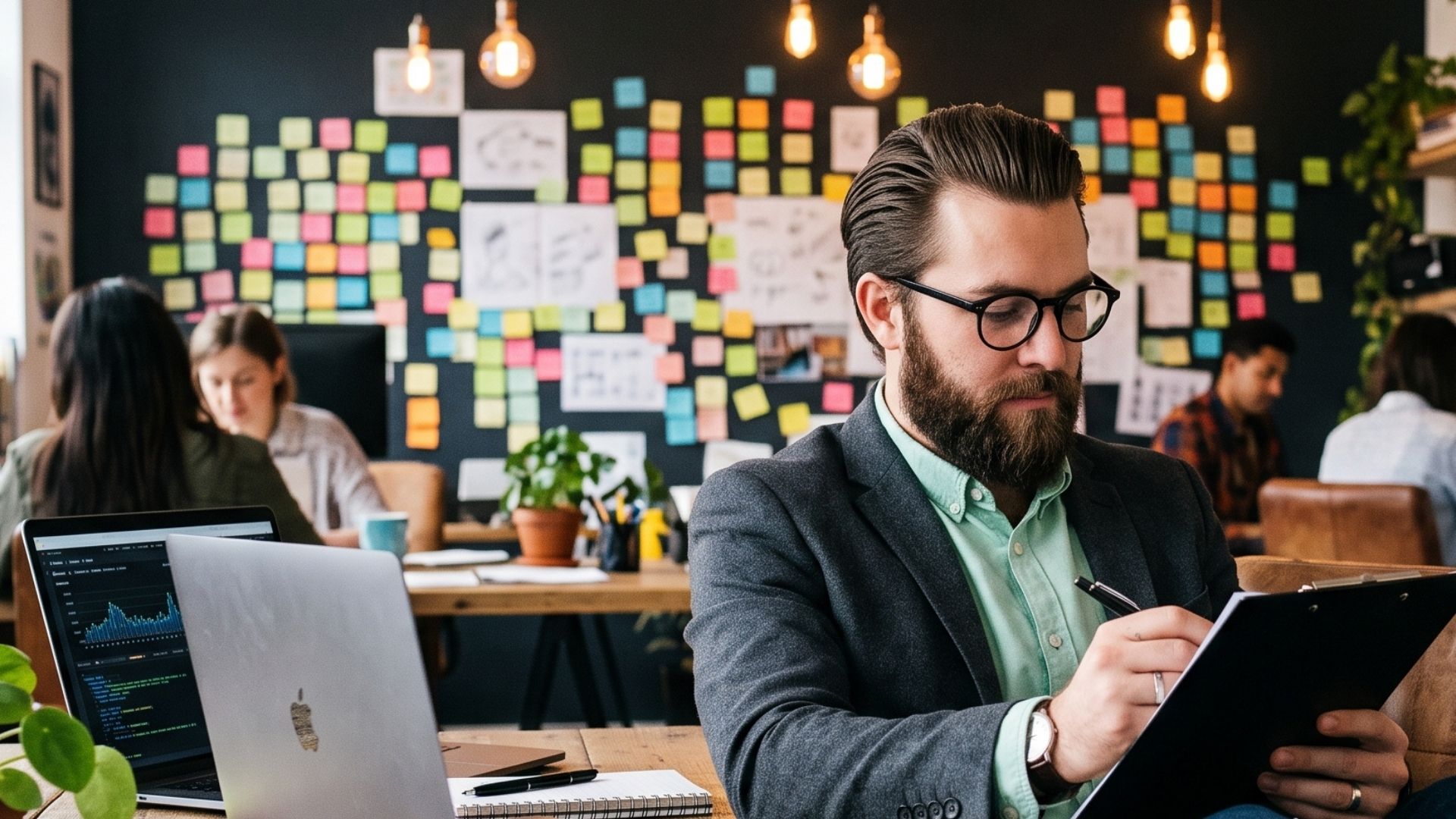 A bearded instructional designer with glasses works at a desk in a bright creative office, writing in a notebook beside a laptop, with a colorful sticky-note planning wall and colleagues collaborating in the background