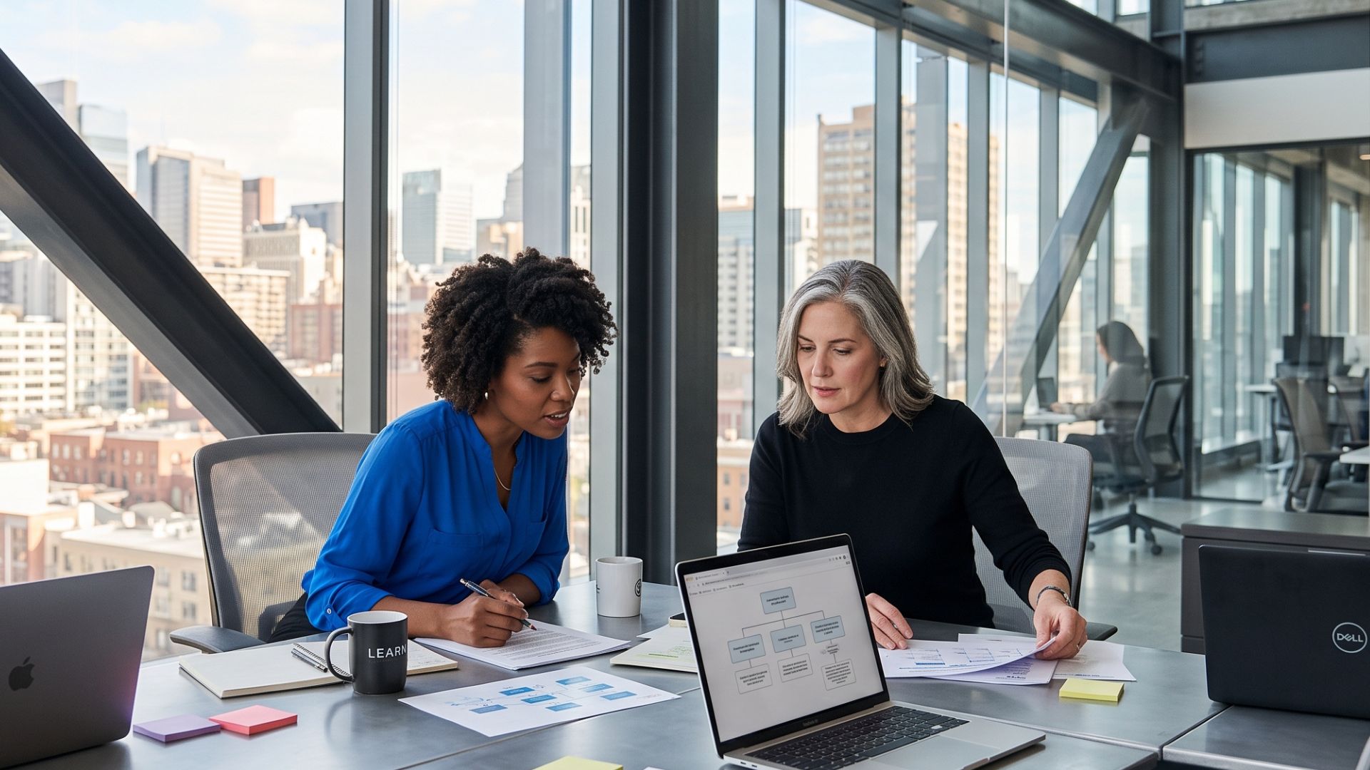Two learning professionals reviewing a compliance course structure together on a laptop in a modern office with a city skyline behind them
