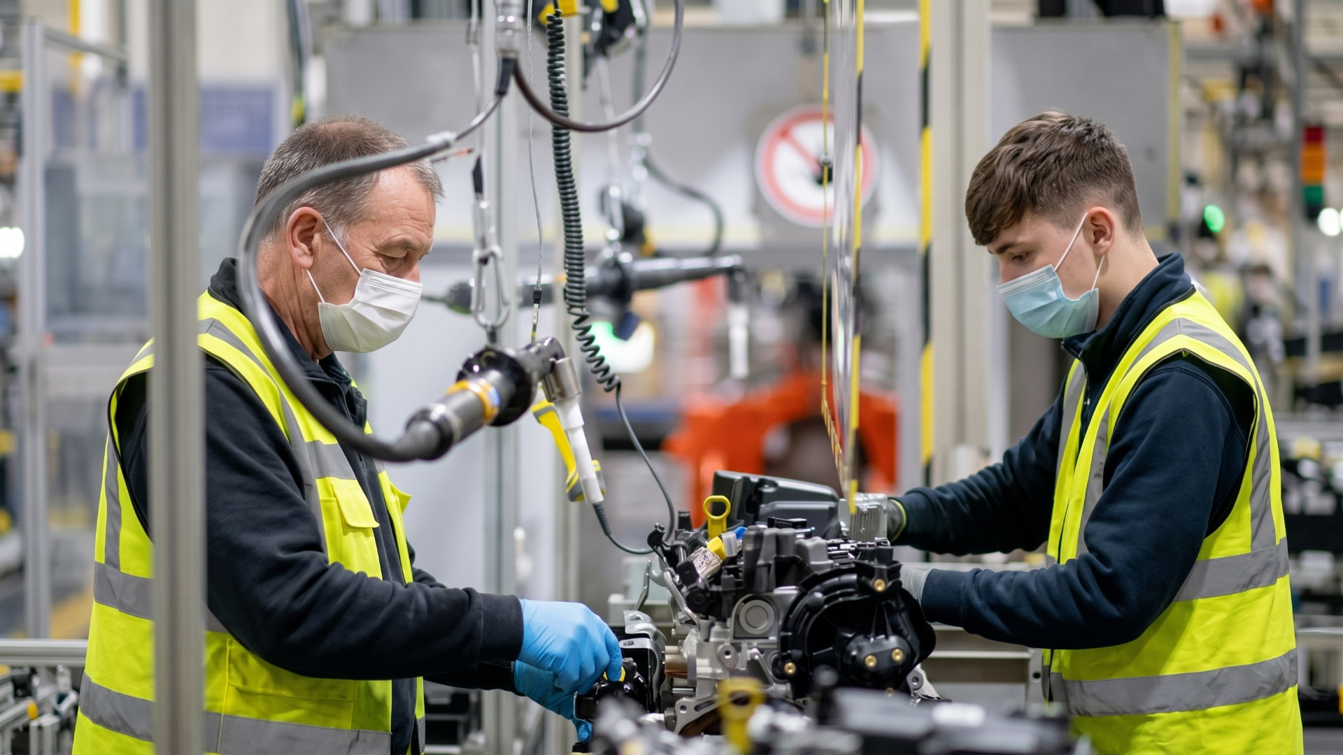 An experienced manufacturing worker transferring hands-on knowledge to a younger colleague on a production line