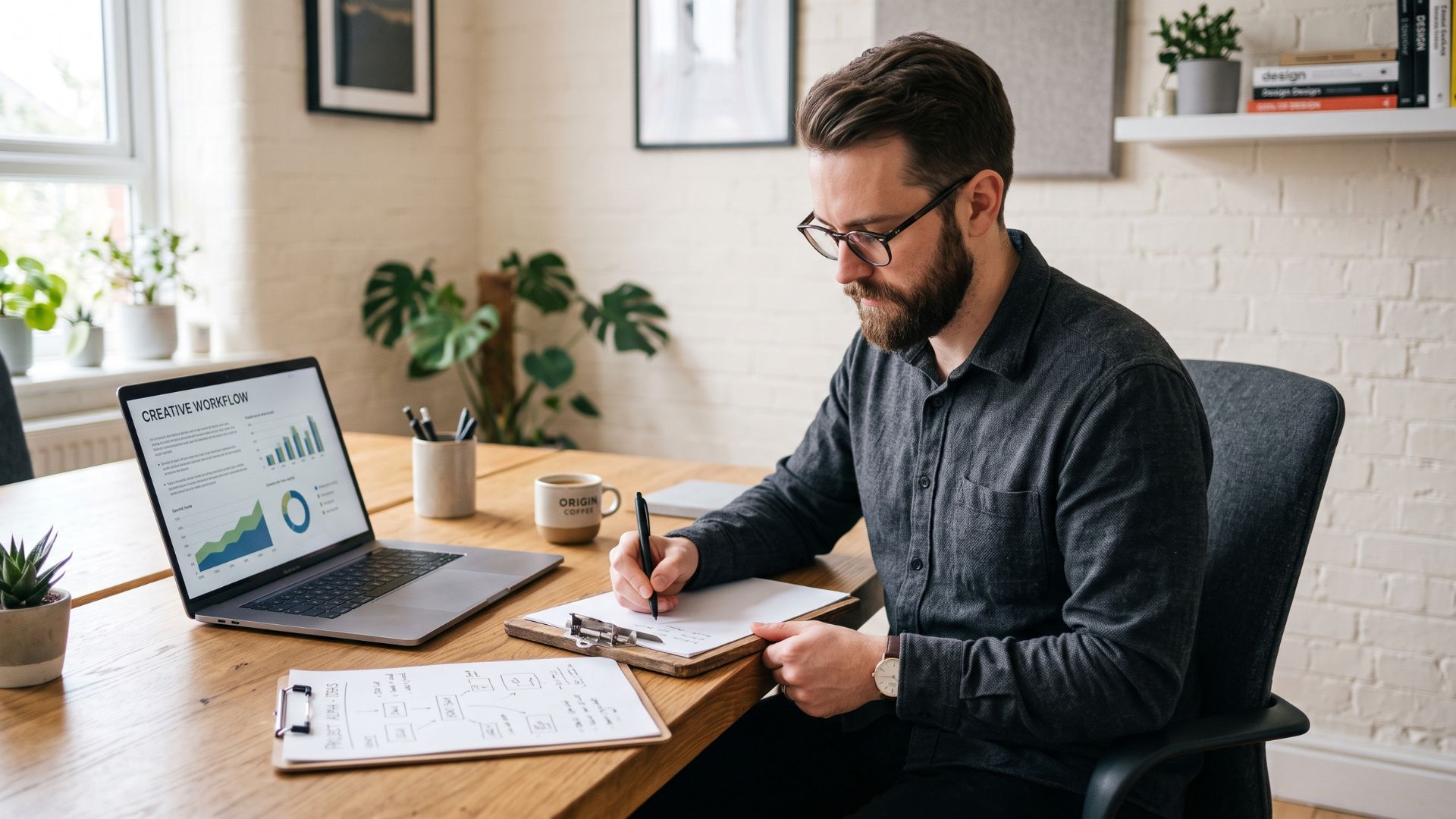 A learning professional reviews creative workflow charts and course wireframes at a wooden desk with a laptop, notebook, and coffee cup in a bright modern office