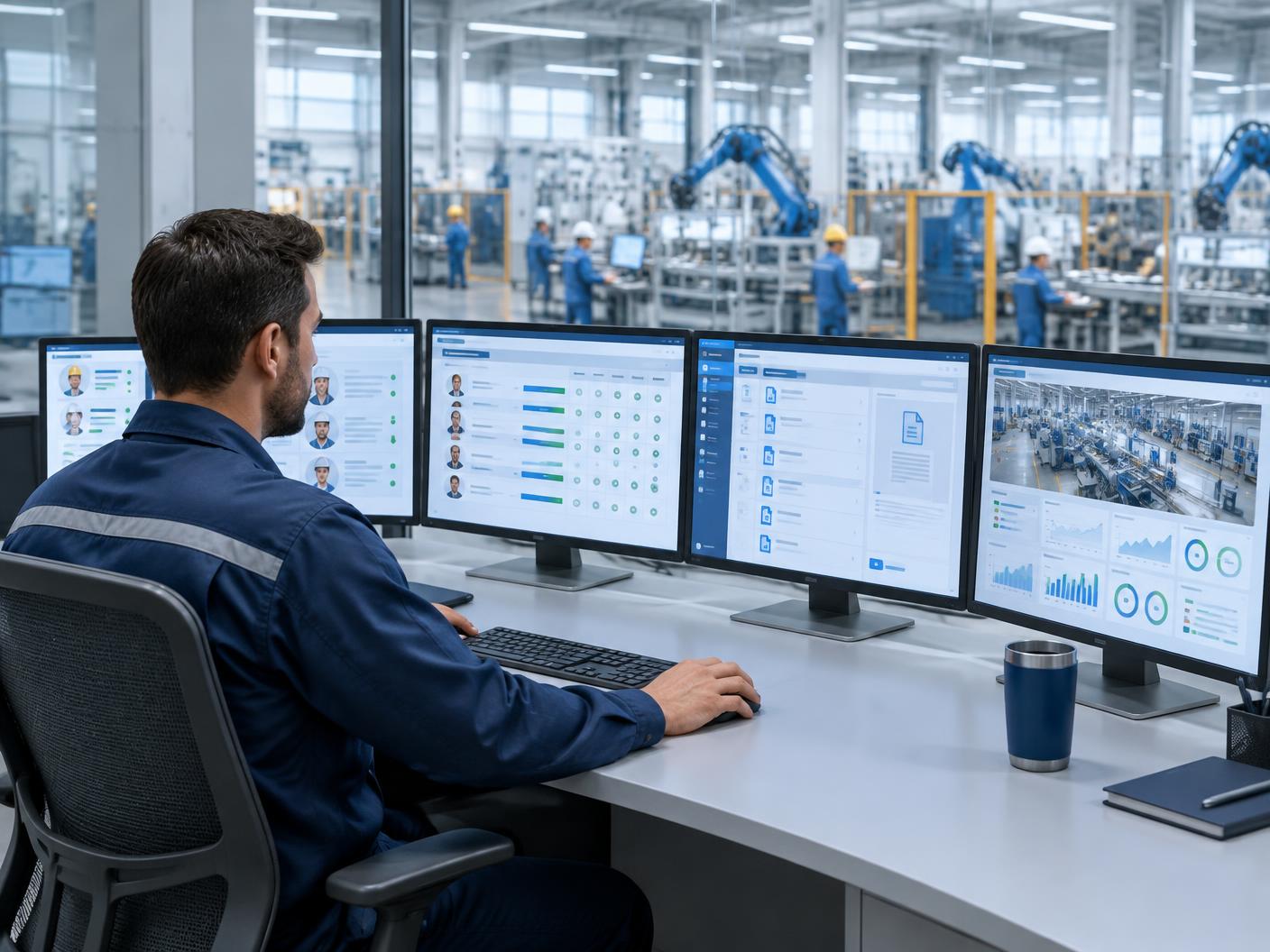 Operator reviewing connected workforce and production systems