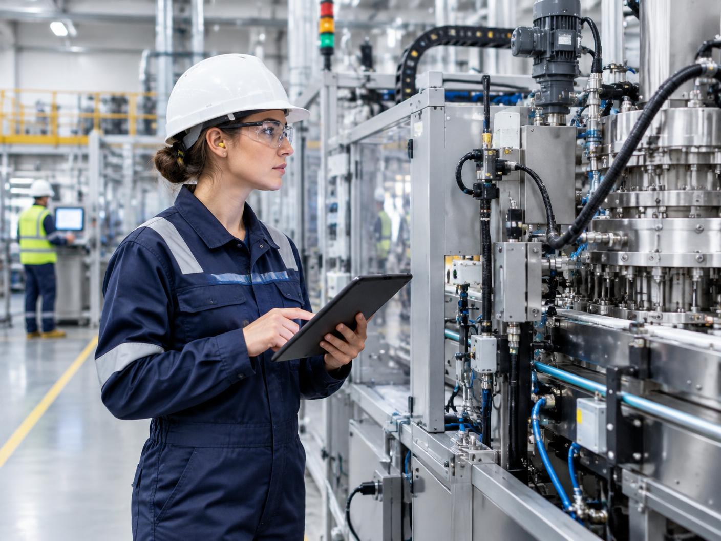 Production specialist inspecting machinery with a tablet