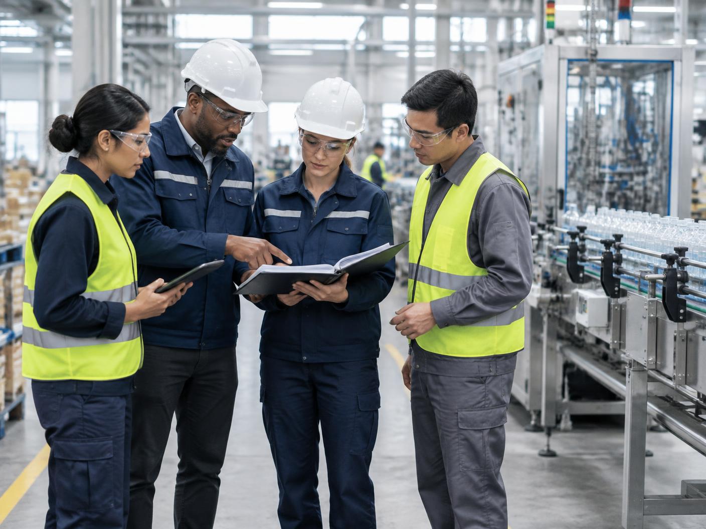 Manufacturing team reviewing process knowledge beside a production line